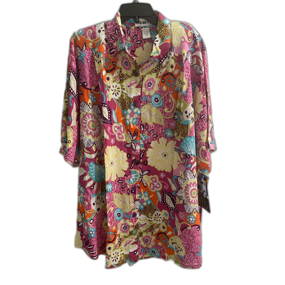 NEW We Be Bop 4X Floral Button Short Sleeve Blouse Shirt Top Pnk Floral Print ..